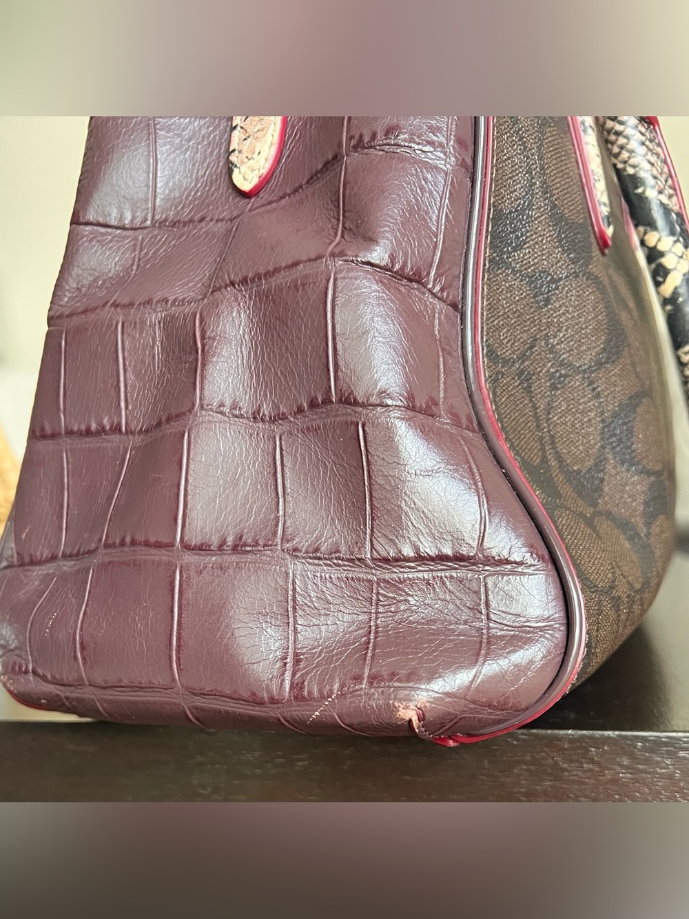 COACH MARGOT Embossed Snake Leather Signature Satchel Dark Brown/Burgundy - Picture 6 of 16